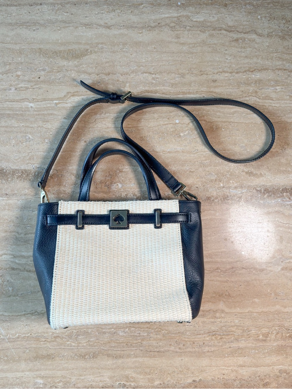 kate spade - Leo Houston Street Straw Black Cream Woven Bag with Top Handles - Picture 3 of 9